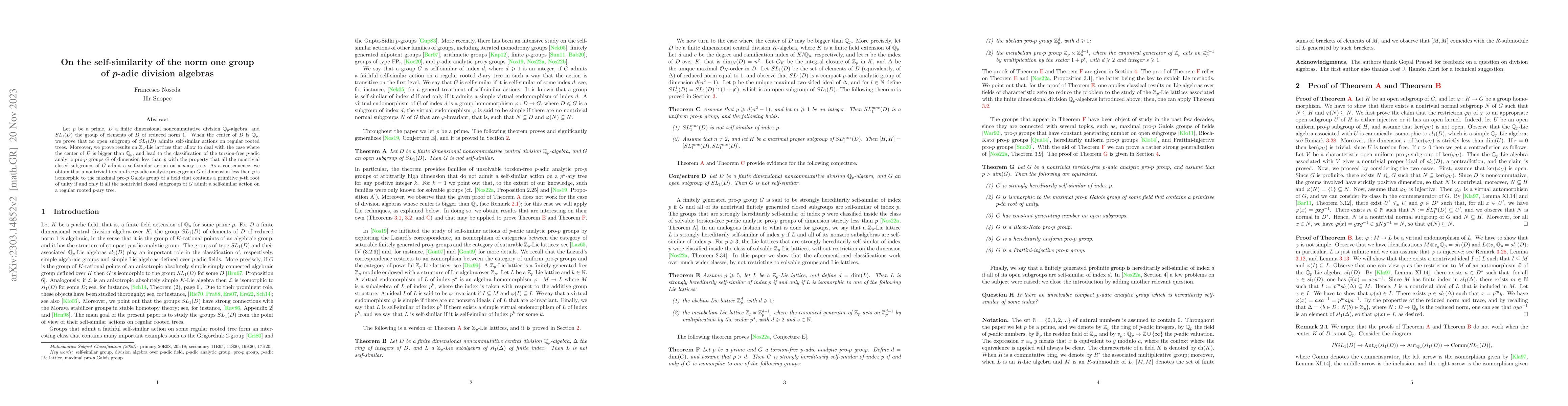 Thumbnail for On the self-similarity of the norm one group of $p$-adic division
  algebras