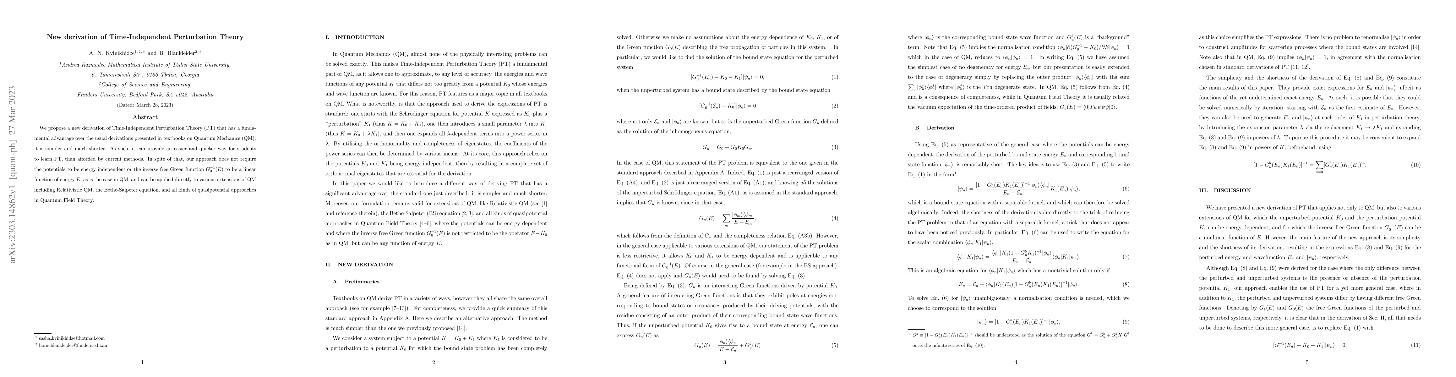 Thumbnail for New derivation of Time-Independent Perturbation Theory