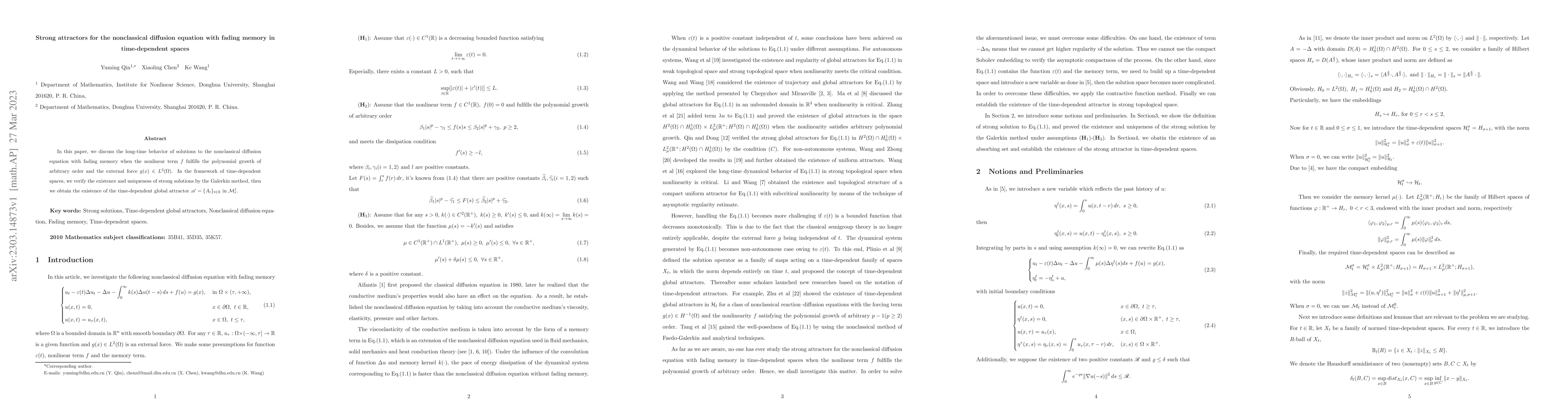Thumbnail for Strong attractors for the nonclassical diffusion equation with fading
  memory in time-dependent spaces