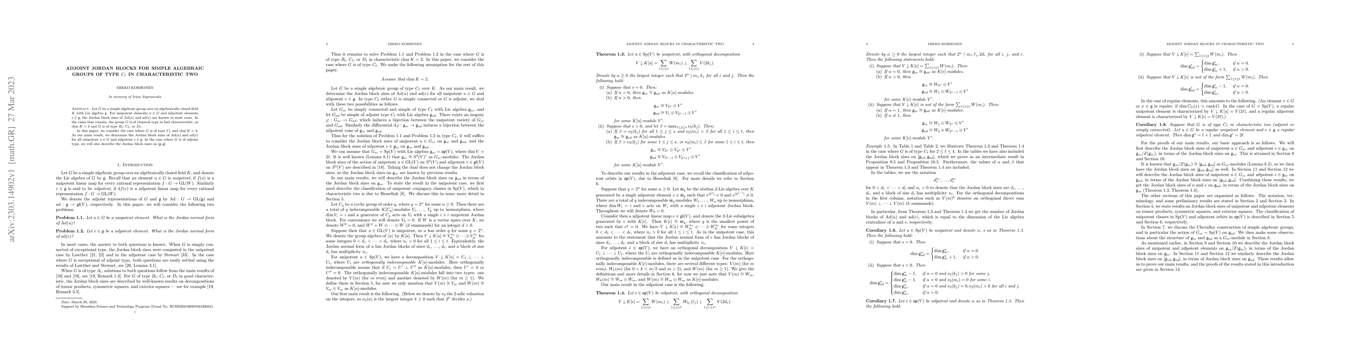 Thumbnail for Adjoint Jordan blocks for simple algebraic groups of type $C_{\ell}$ in
  characteristic two
