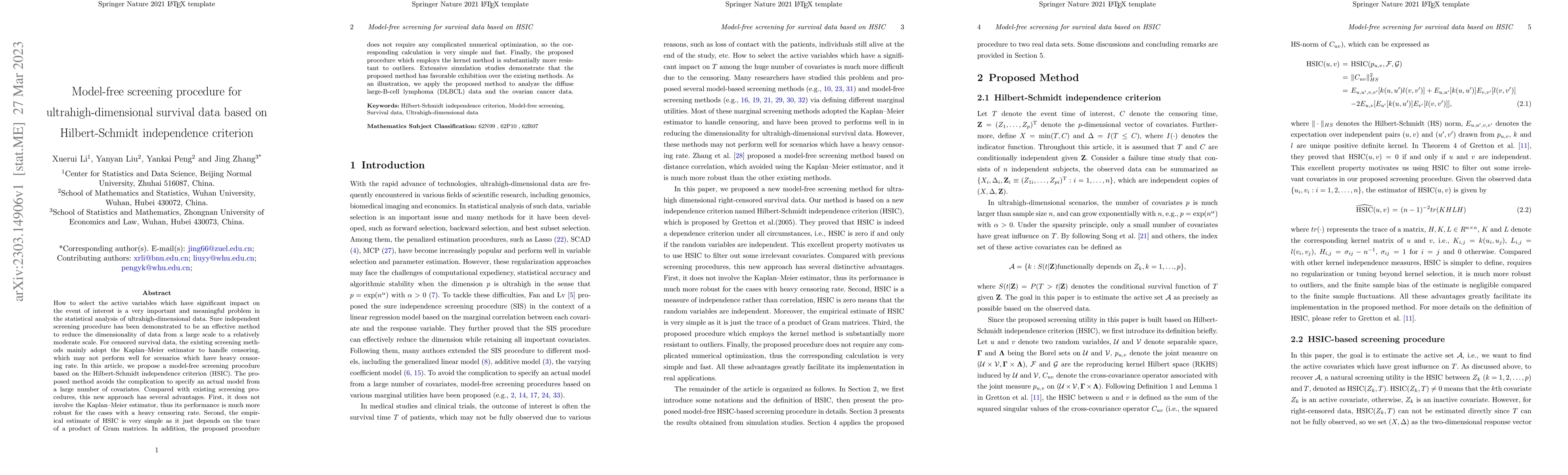 Thumbnail for Model-free screening procedure for ultrahigh-dimensional survival data
  based on Hilbert-Schmidt independence criterion
