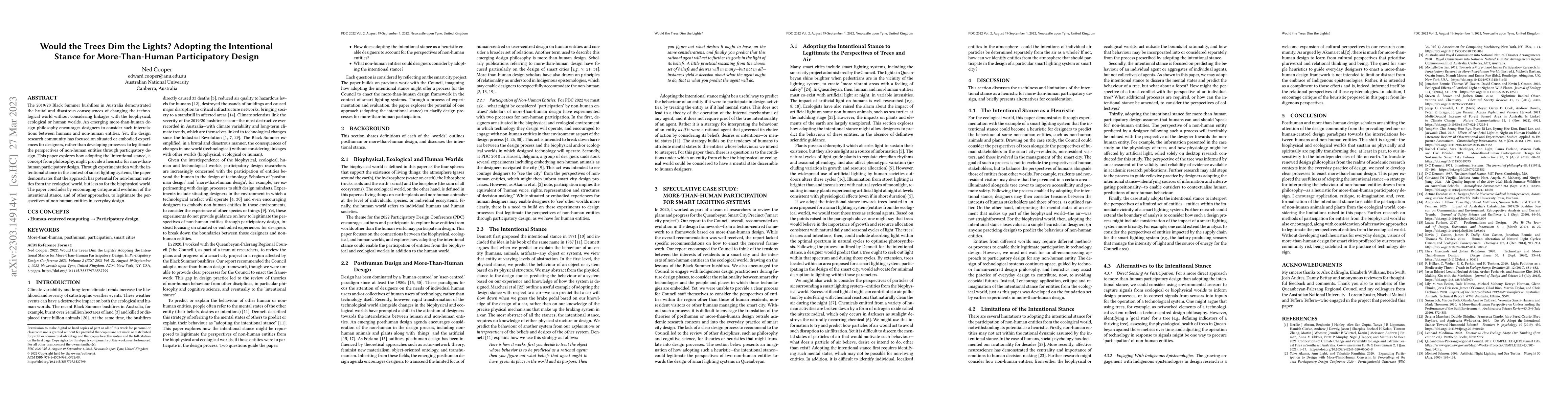 Thumbnail for Would the Trees Dim the Lights? Adopting the Intentional Stance for
  More-Than-Human Participatory Design