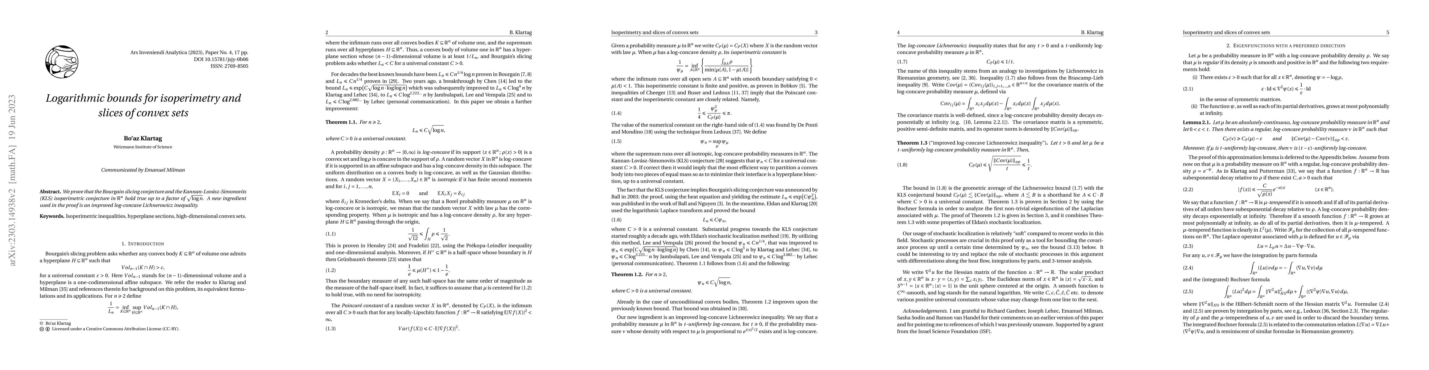Thumbnail for Logarithmic bounds for isoperimetry and slices of convex sets