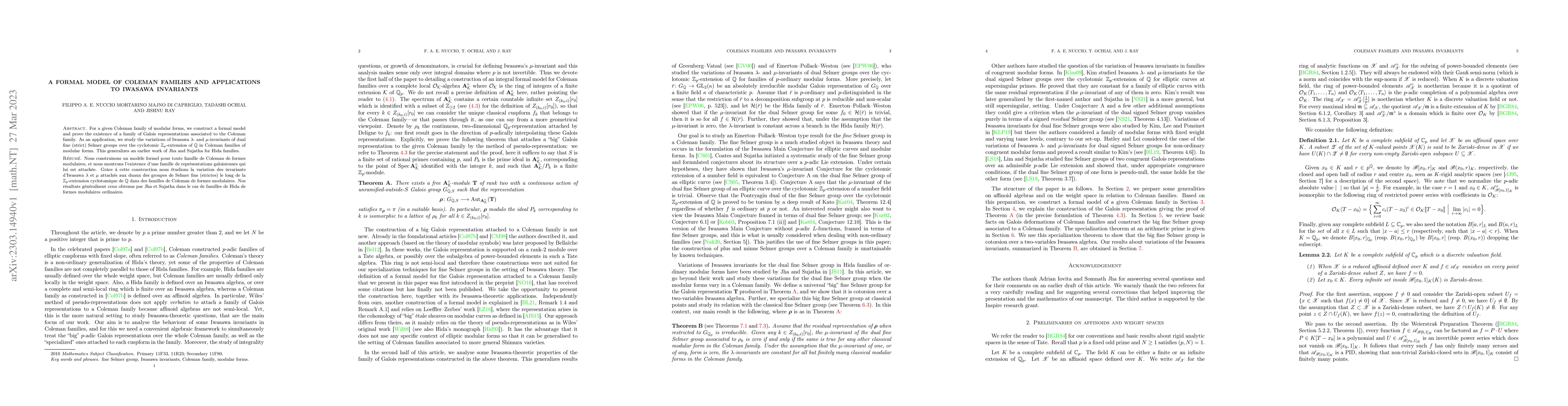 Thumbnail for A formal model of Coleman families and applications to Iwasawa
  invariants