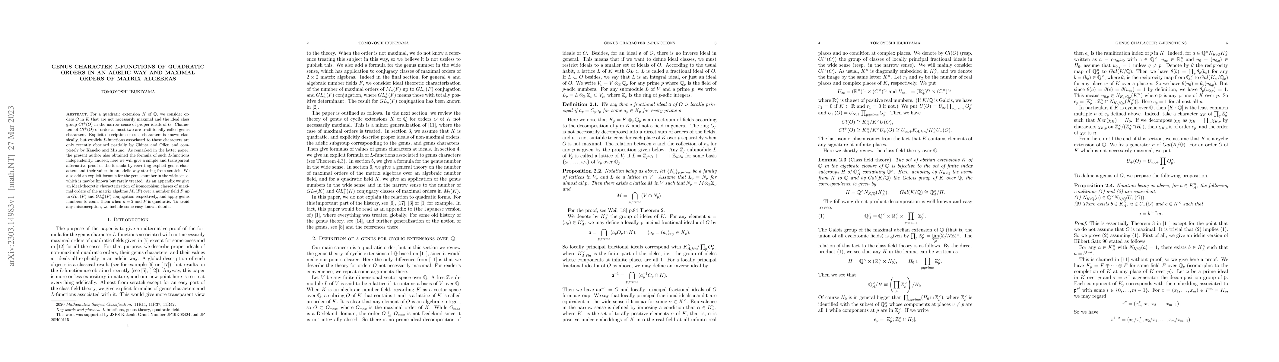 Thumbnail for Genus character $L$-functions of quadratic orders in an adelic way and
  maximal orders of matrix algebras