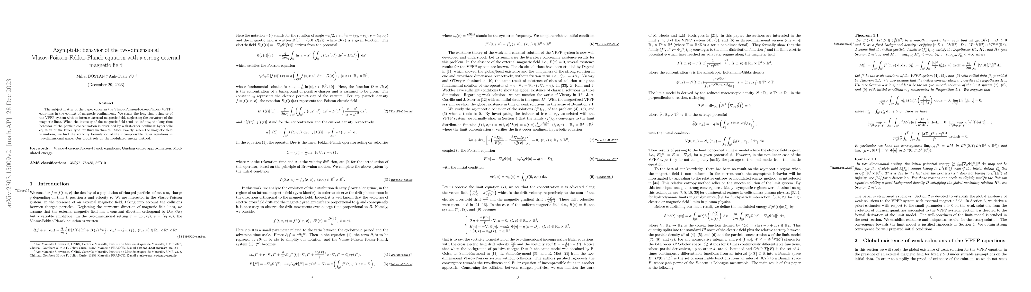Thumbnail for Asymptotic behavior of the two-dimensional Vlasov-Poisson-Fokker-Planck
  equation with a strong external magnetic field