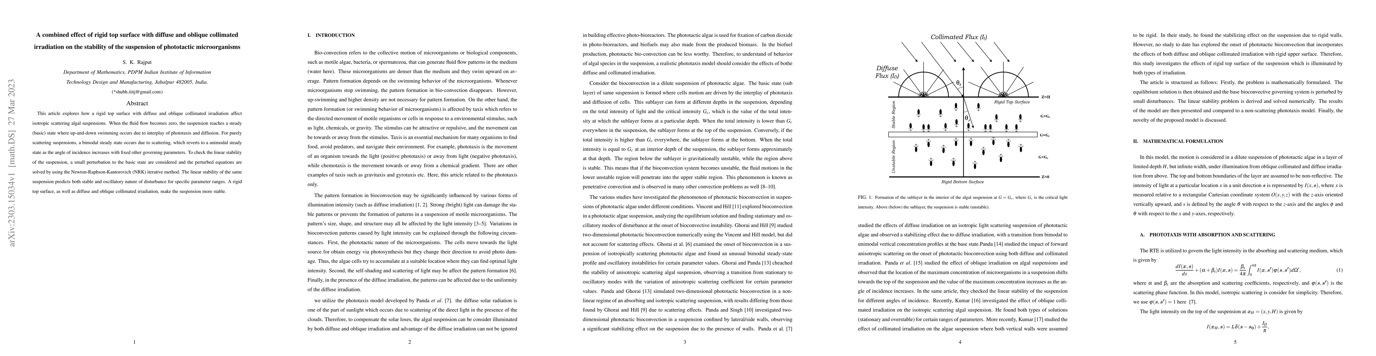 Thumbnail for A combined effect of rigid top surface with diffuse and oblique
  collimated irradiation on the stability of the suspension of phototactic
  microorganisms