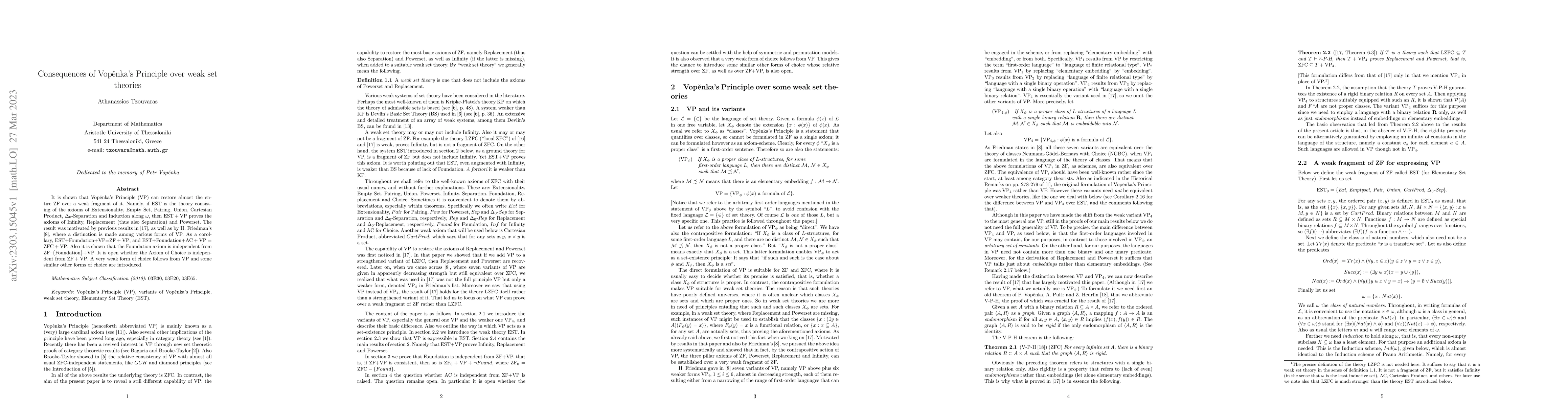 Thumbnail for Consequences of Vop\v{e}nka's Principle over weak set theories