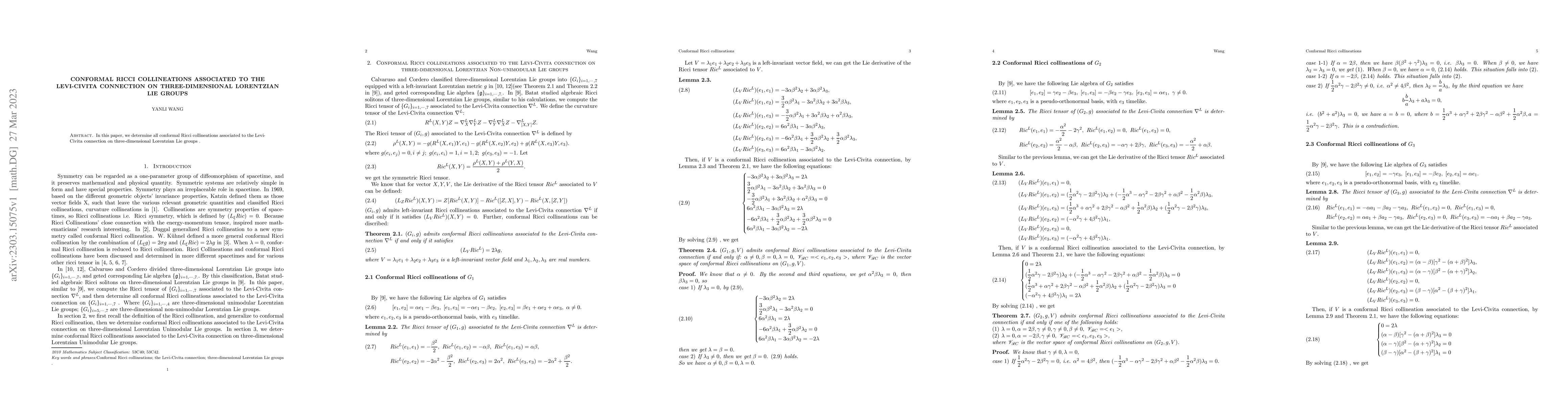 Thumbnail for Conformal Ricci collineations associated to the Levi-Civita connection
  on three-dimensional Lorentzian Lie groups