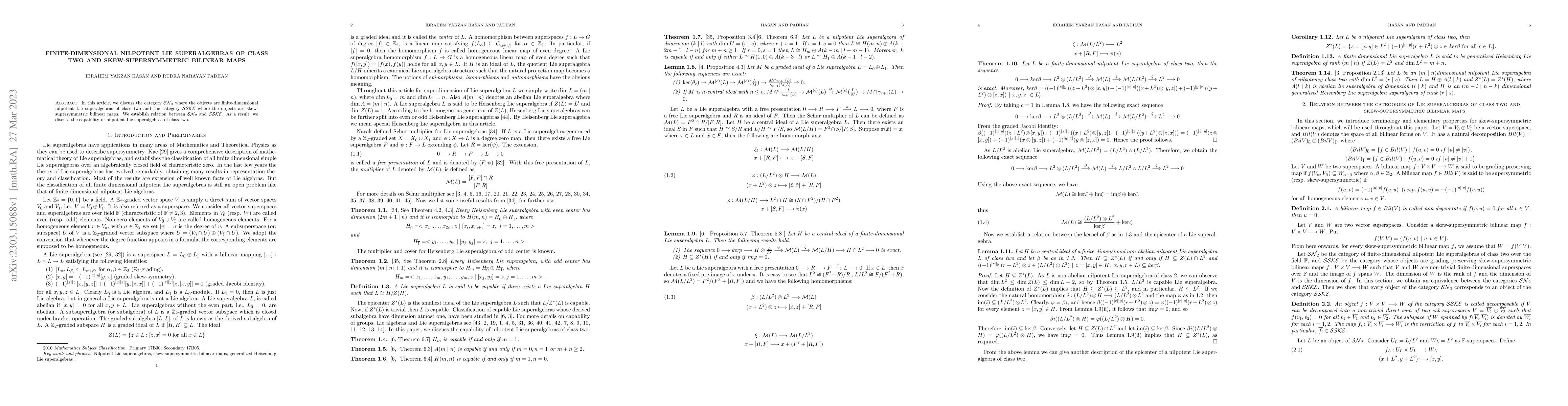 Thumbnail for Finite-dimensional nilpotent Lie superalgebras of class two and
  skew-supersymmetric bilinear maps