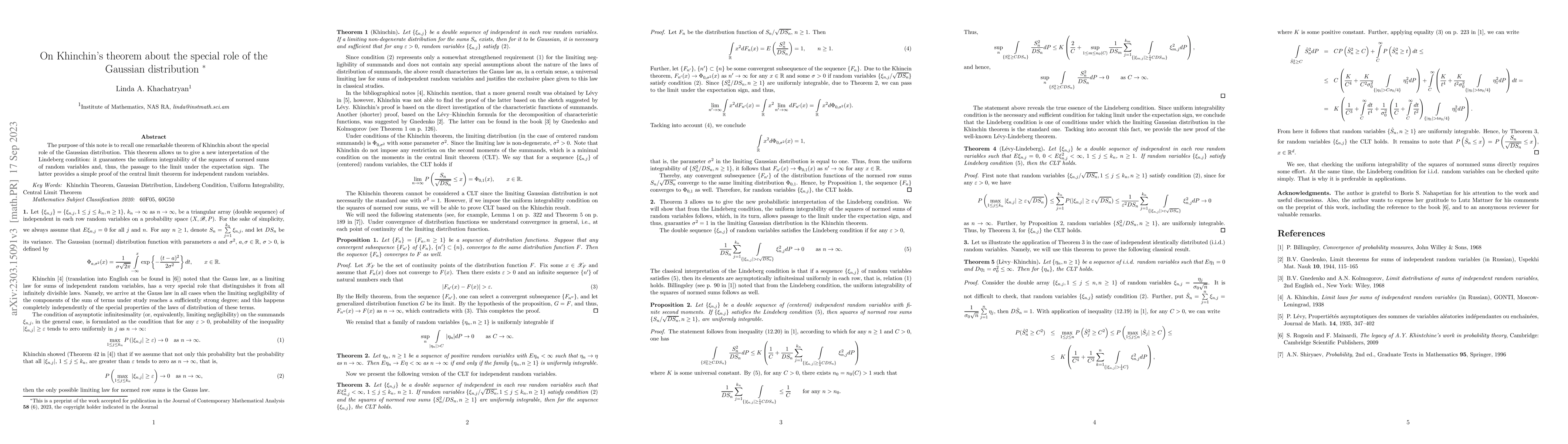 Thumbnail for On Khinchin's theorem about the special role of the Gaussian
  distribution