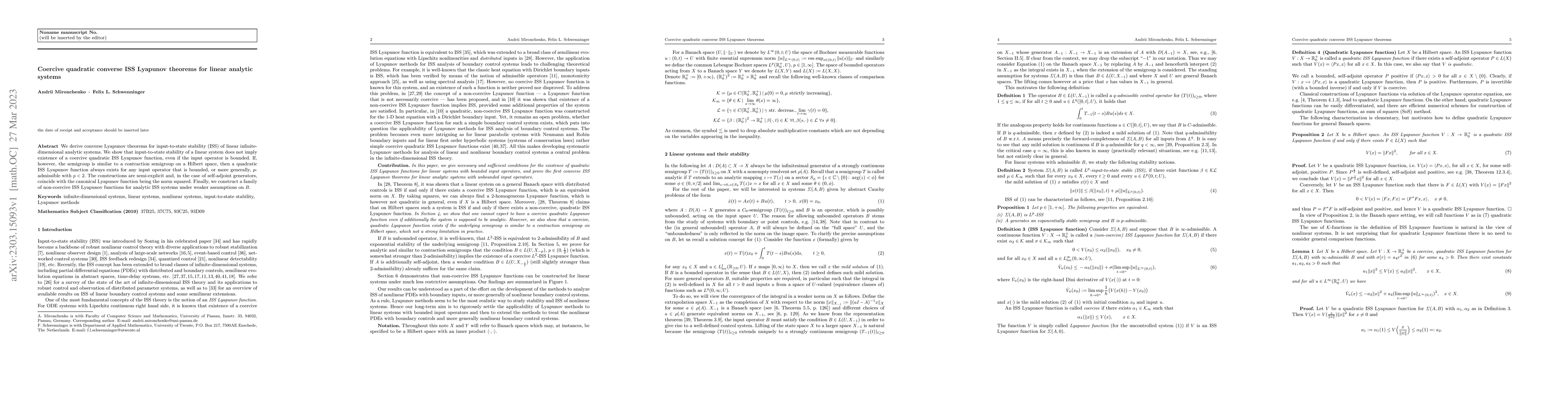 Thumbnail for Coercive quadratic converse ISS Lyapunov theorems for linear analytic
  systems