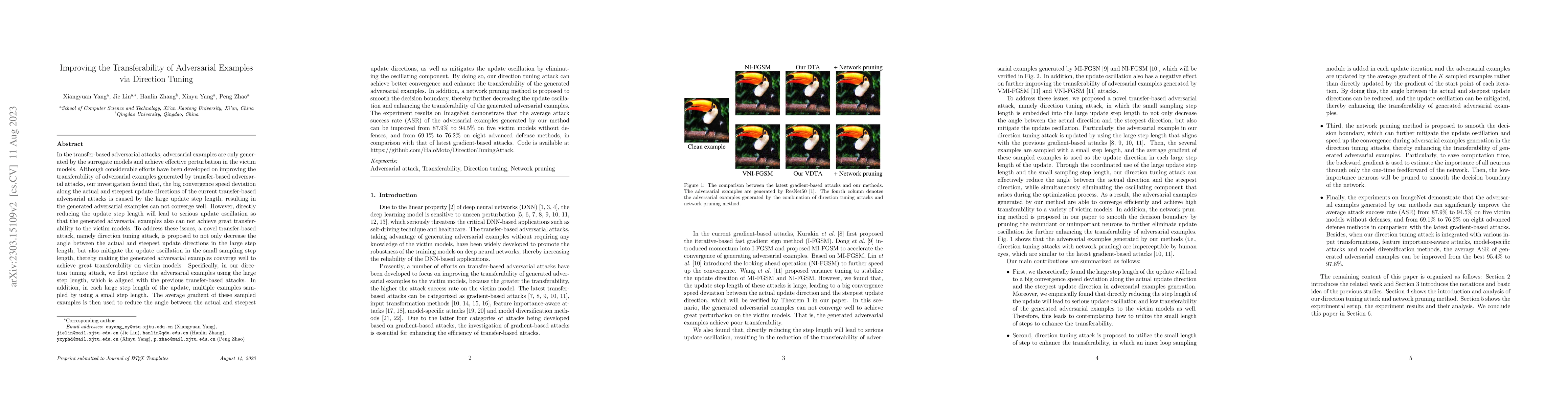 Thumbnail for Improving the Transferability of Adversarial Examples via Direction
  Tuning