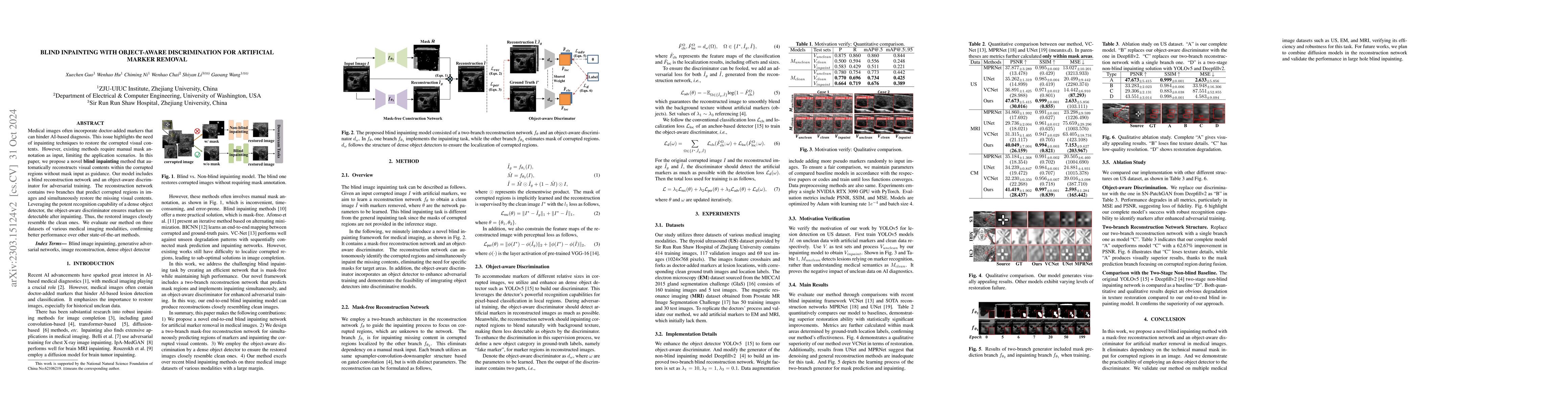 Thumbnail for Blind Inpainting with Object-aware Discrimination for Artificial Marker
  Removal