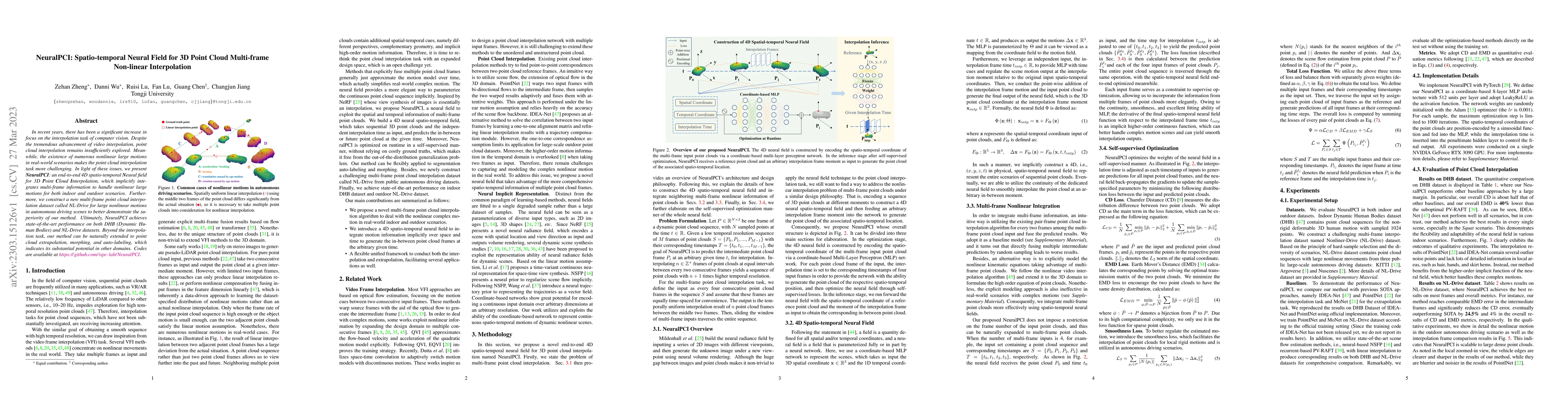 Thumbnail for NeuralPCI: Spatio-temporal Neural Field for 3D Point Cloud Multi-frame
  Non-linear Interpolation