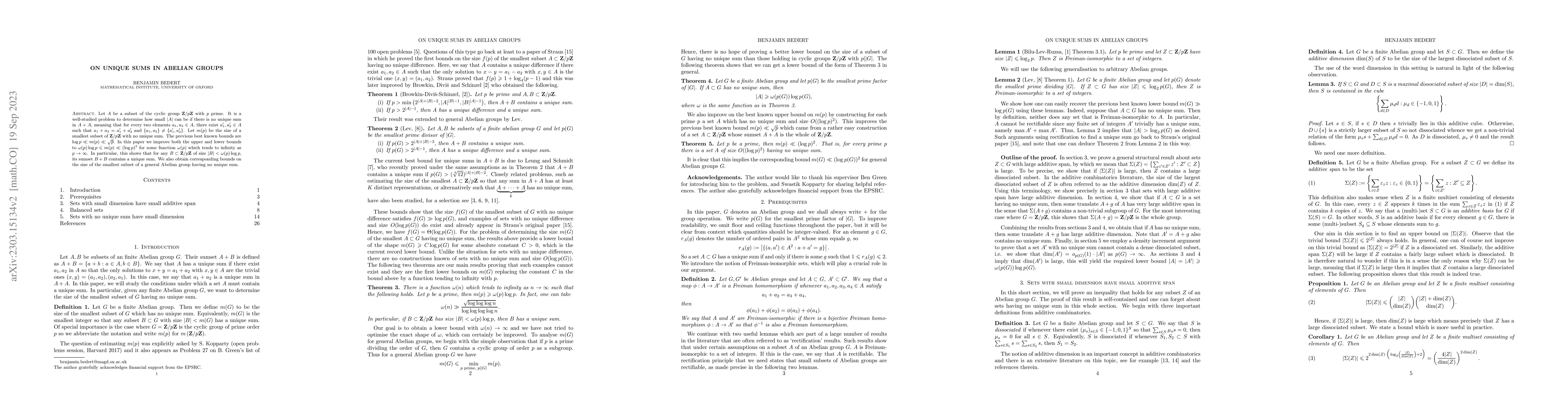 Thumbnail for On unique sums in Abelian groups