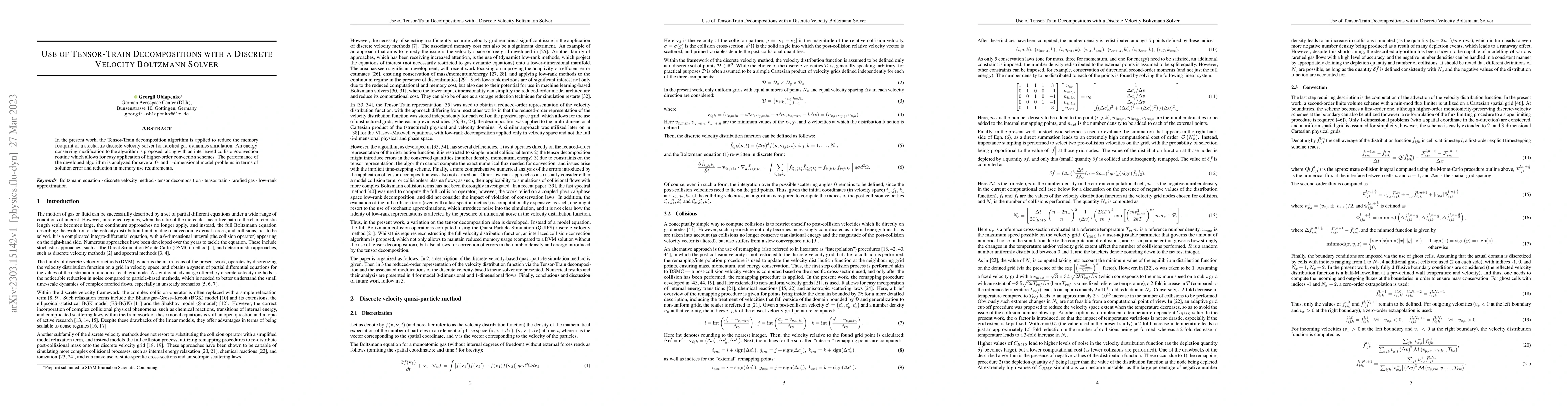 Thumbnail for Use of Tensor-Train Decompositions with a Discrete Velocity Boltzmann
  Solver