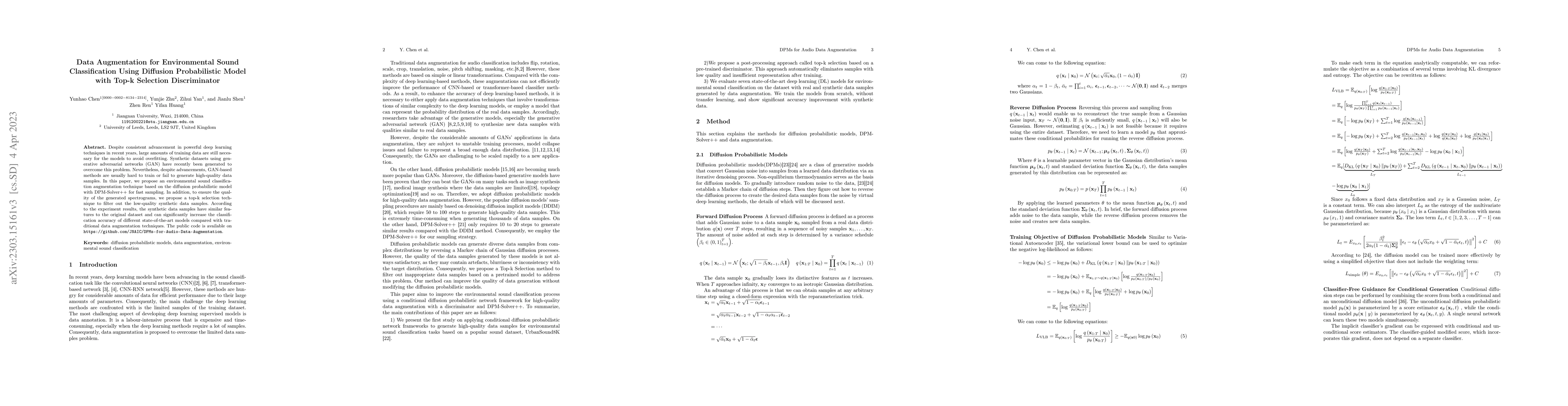 Thumbnail for Data Augmentation for Environmental Sound Classification Using Diffusion
  Probabilistic Model with Top-k Selection Discriminator