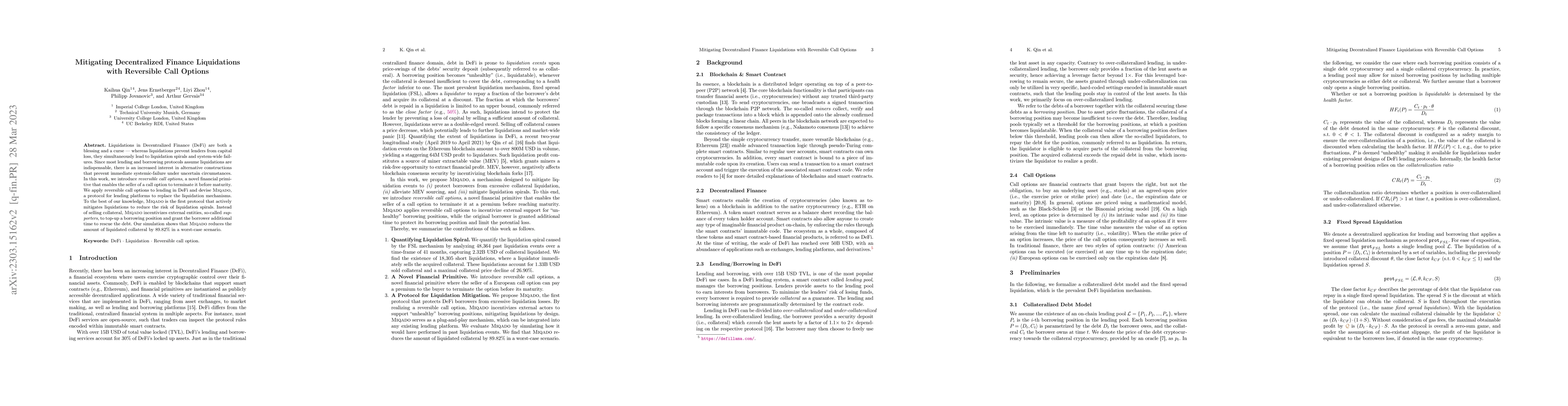 Thumbnail for Mitigating Decentralized Finance Liquidations with Reversible Call
  Options