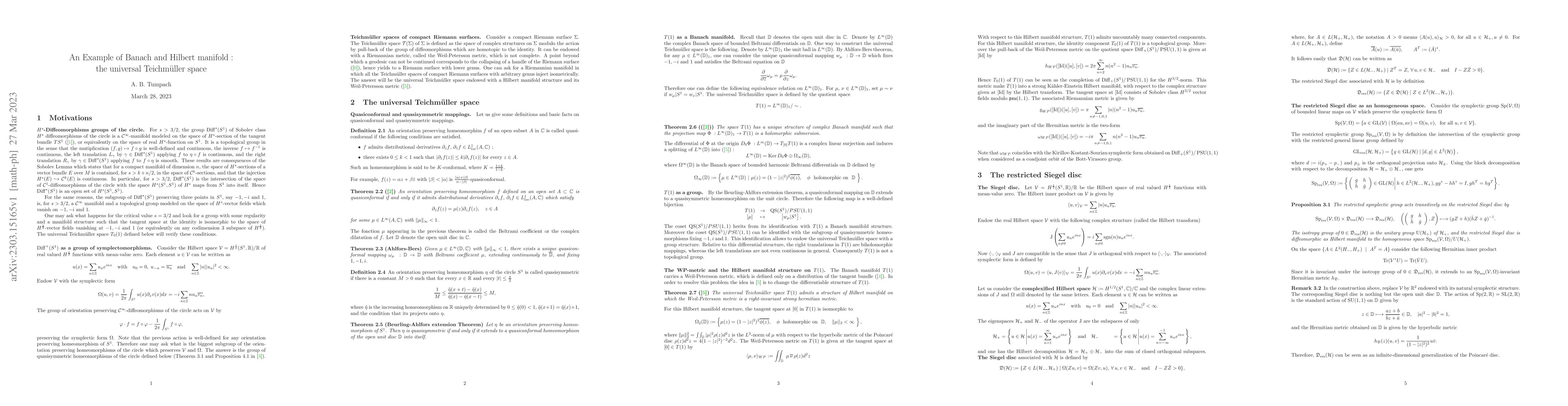 Thumbnail for An Example of Banach and Hilbert manifold: the universal Teichm\"uller
  space