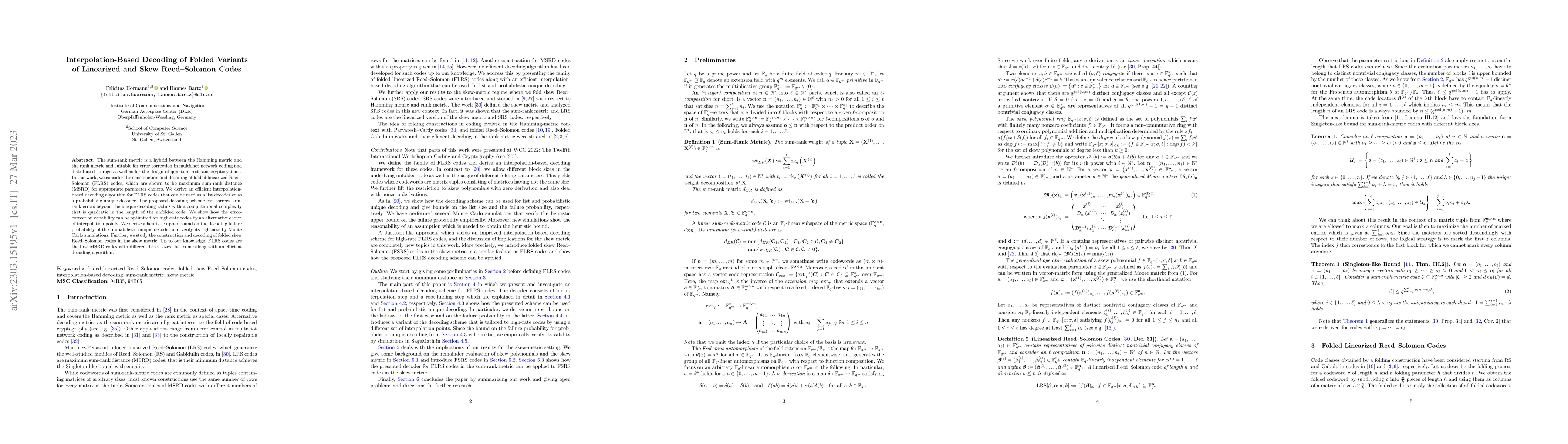Thumbnail for Interpolation-Based Decoding of Folded Variants of Linearized and Skew
  Reed-Solomon Codes