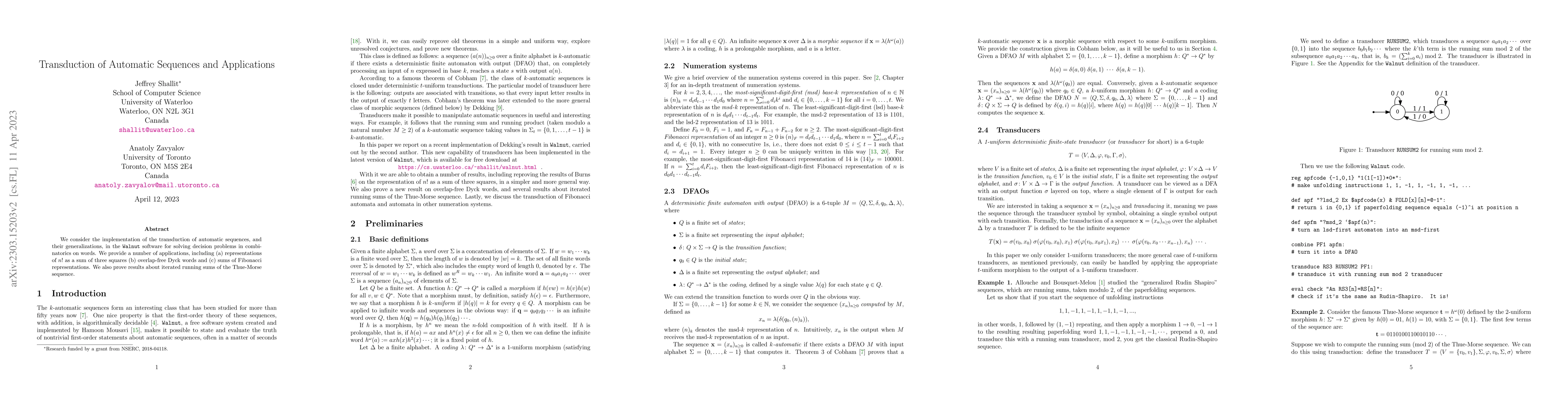 Thumbnail for Transduction of Automatic Sequences and Applications