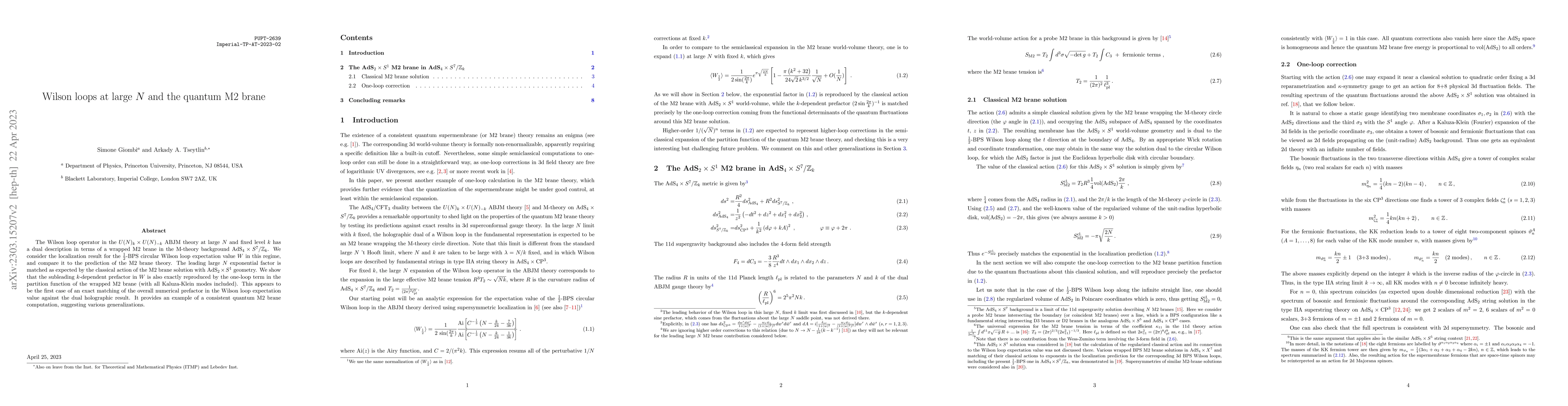 Thumbnail for Wilson loops at large $N$ and the quantum M2 brane