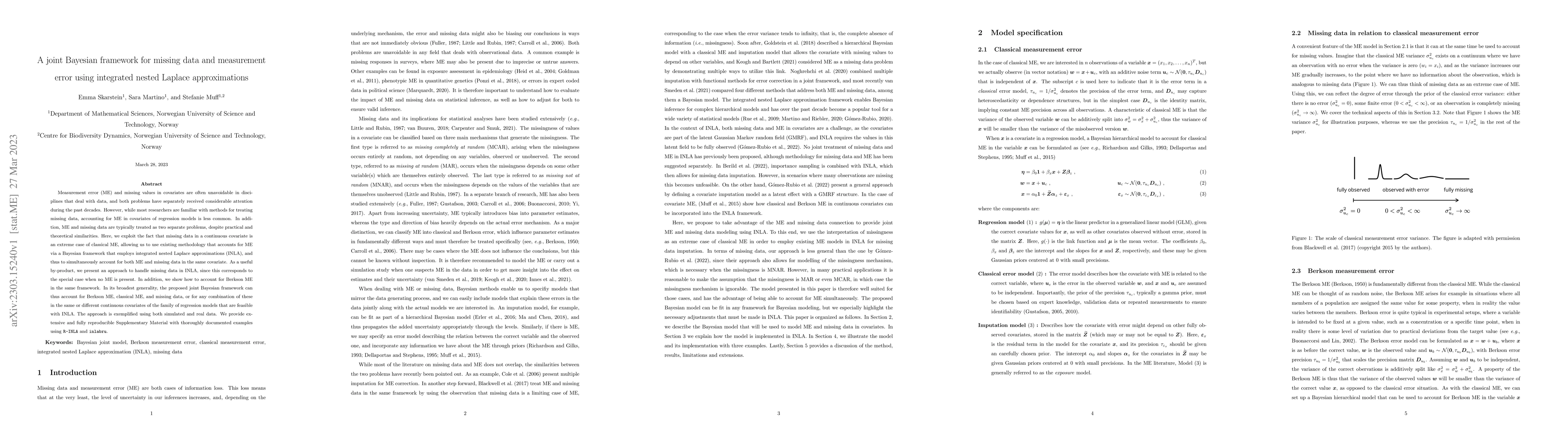Thumbnail for A joint Bayesian framework for missing data and measurement error using
  integrated nested Laplace approximations