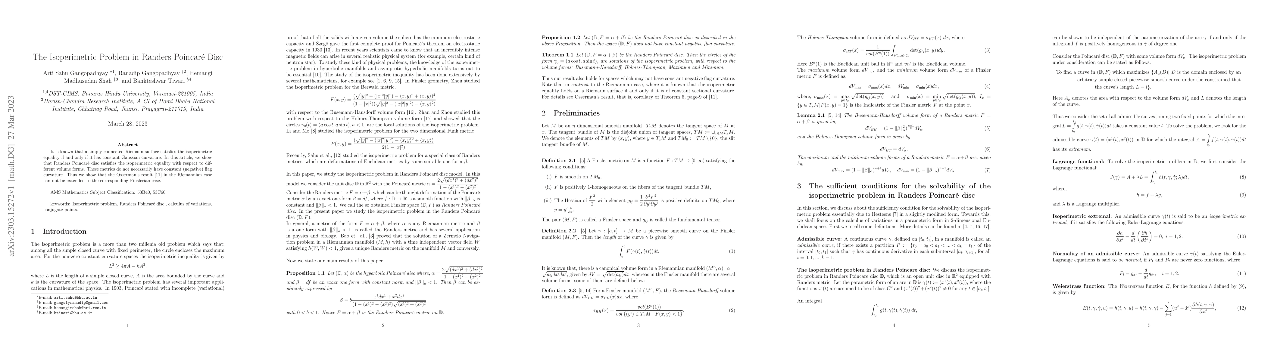Thumbnail for The Isoperimetric Problem in Randers Poincar\'e Disc