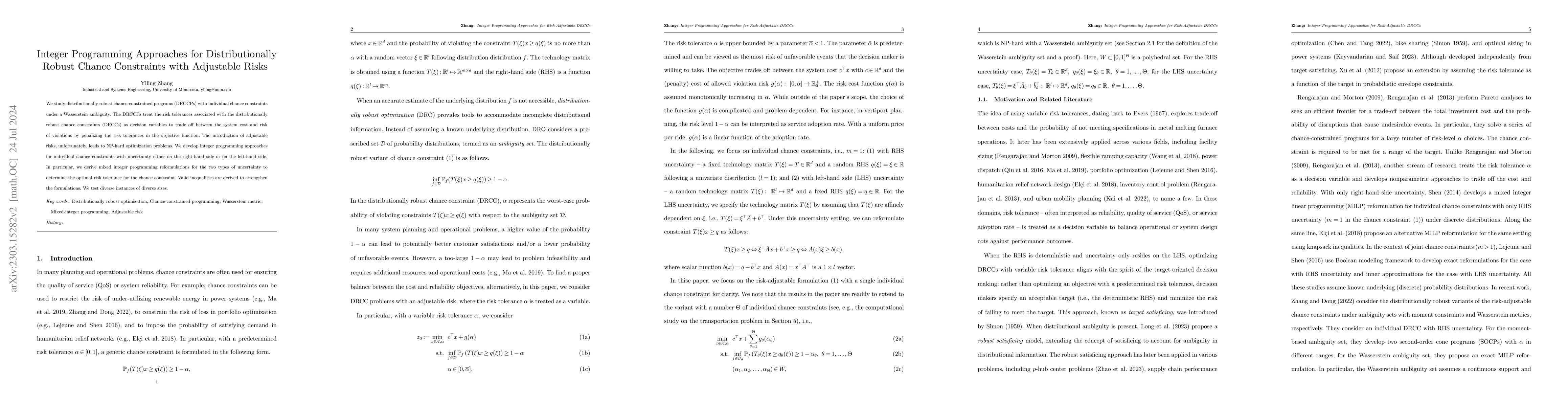 Thumbnail for Integer Programming Approaches for Distributionally Robust Chance
  Constraints with Adjustable Risks