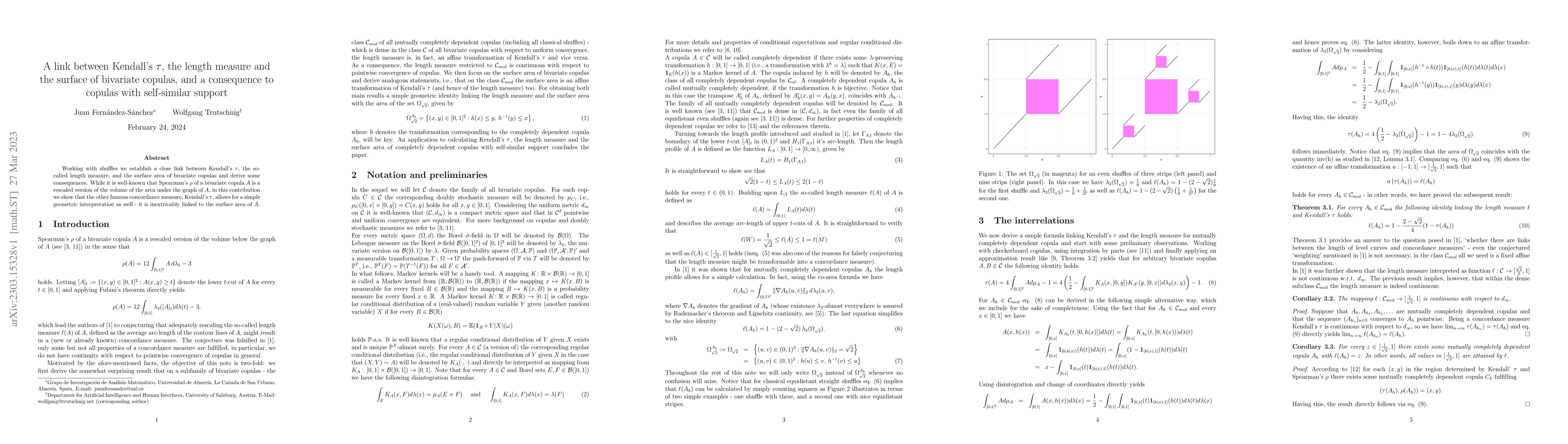 Thumbnail for A link between Kendall's tau, the length measure and the surface of
  bivariate copulas, and a consequence to copulas with self-similar support