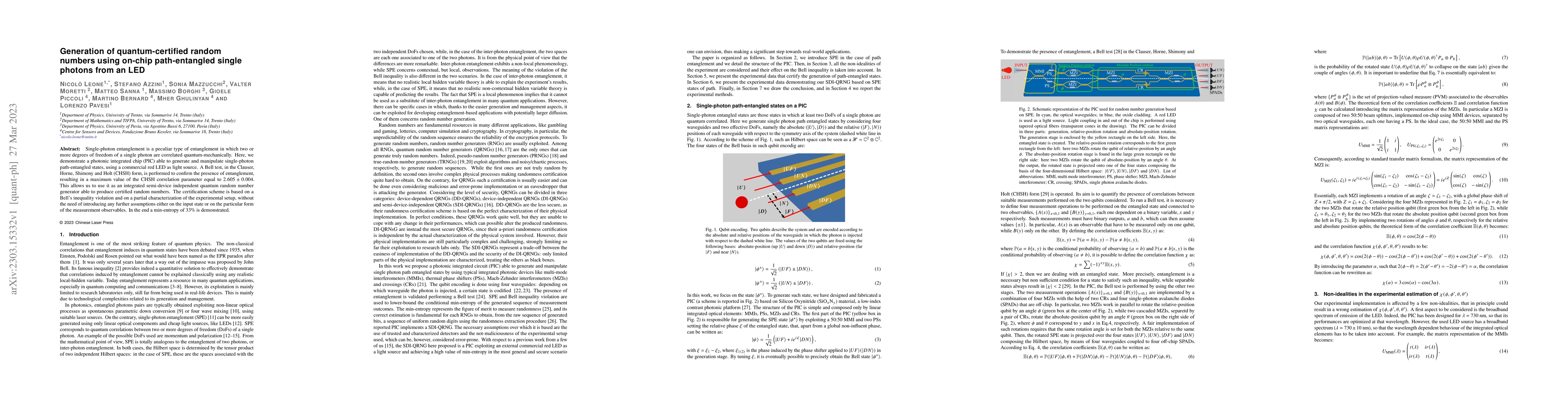 Thumbnail for Generation of quantum-certified random numbers using on-chip
  path-entangled single photons from an LED
