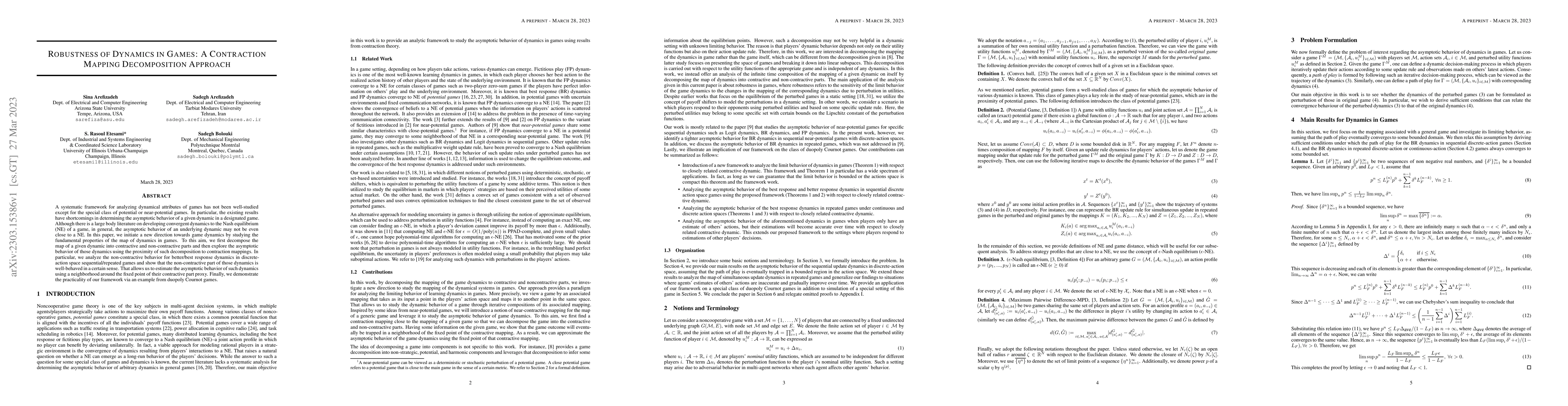 Thumbnail for Robustness of Dynamics in Games: A Contraction Mapping Decomposition
  Approach