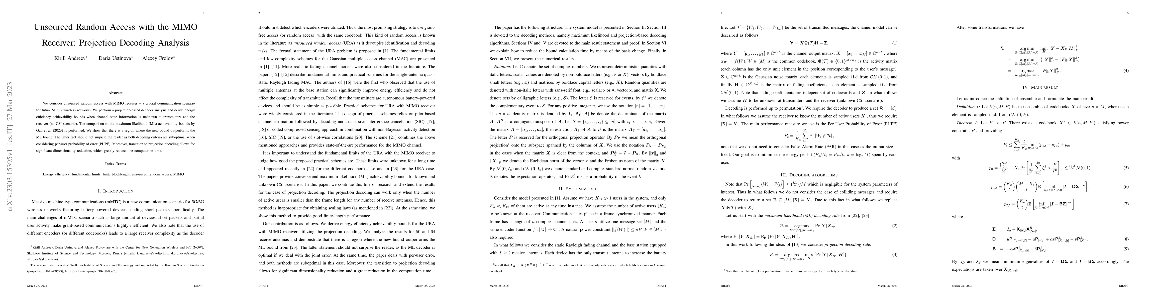 Thumbnail for Unsourced Random Access with the MIMO Receiver: Projection Decoding
  Analysis