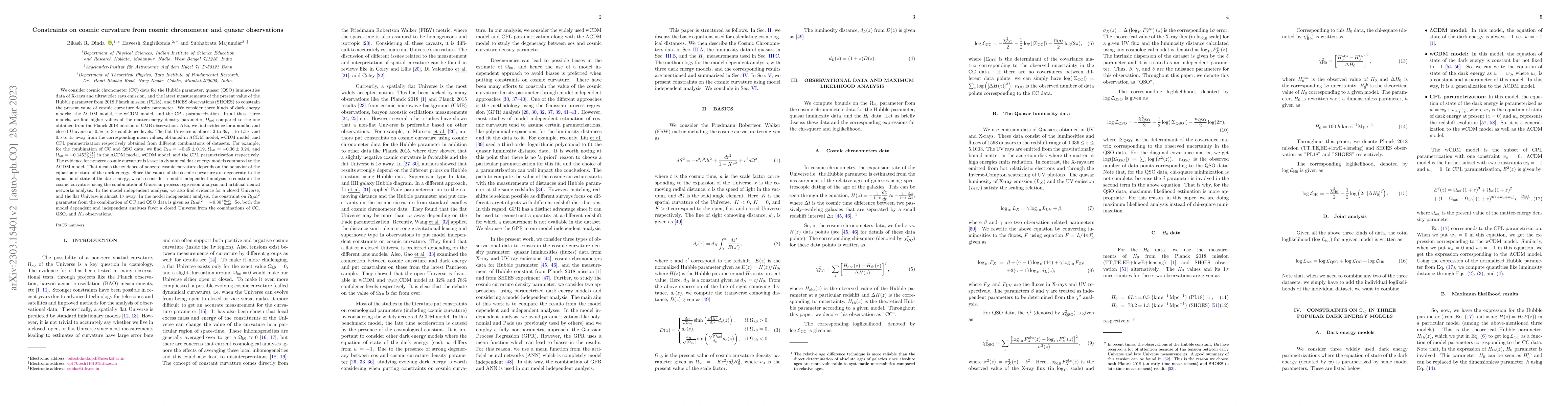 Thumbnail for Constraints on cosmic curvature from cosmic chronometer and quasar
  observations