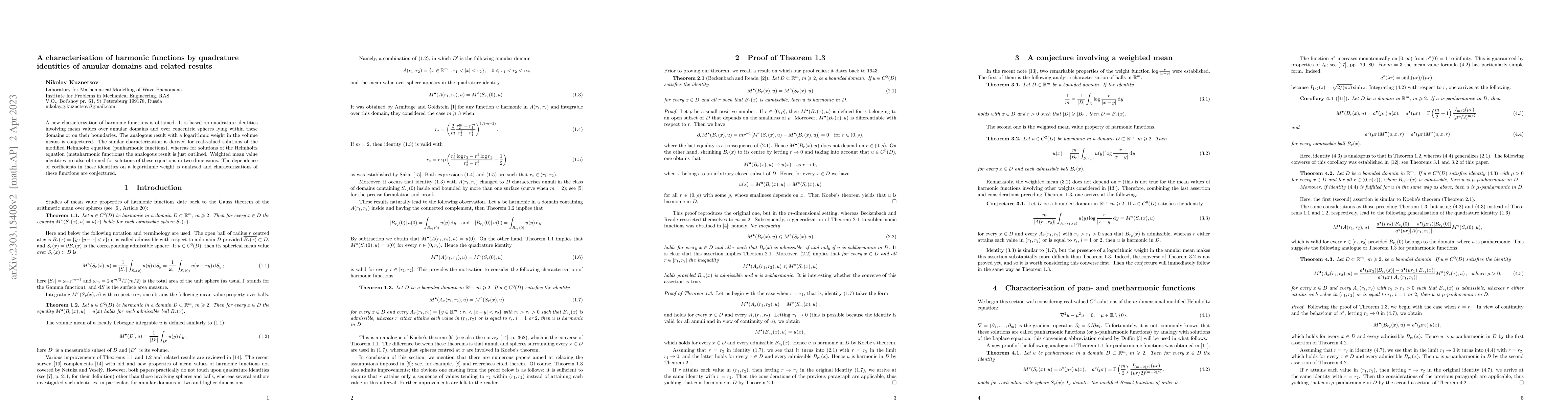 Thumbnail for A characterisation of harmonic functions by quadrature identities of
  annular domains and related results