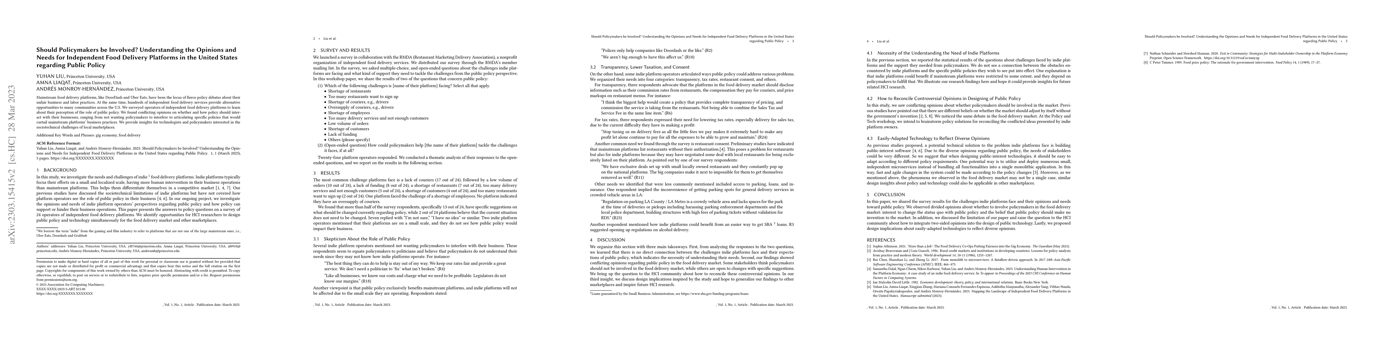 Thumbnail for Should Policymakers be Involved? Understanding the Opinions and Needs
  for Independent Food Delivery Platforms in the United States regarding Public
  Policy