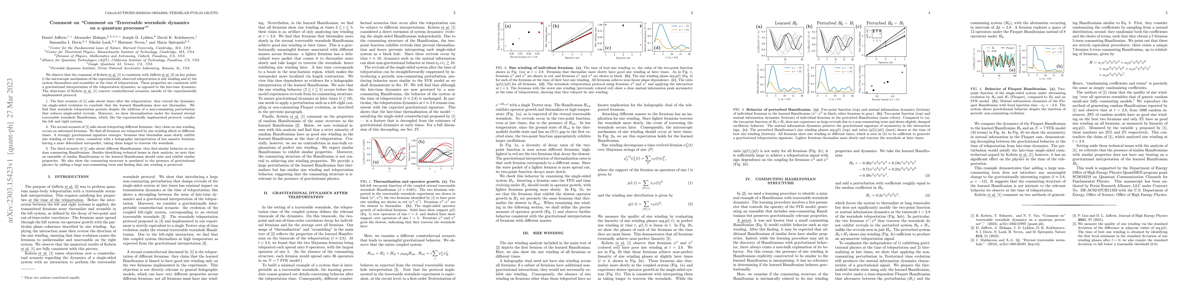 Thumbnail for Comment on "Comment on "Traversable wormhole dynamics on a quantum
  processor" "