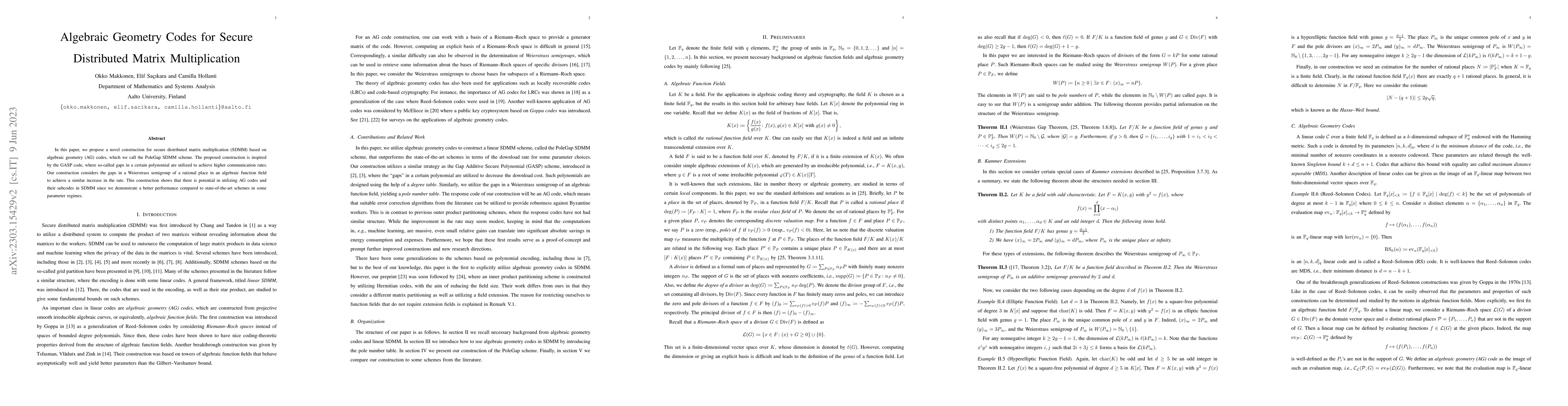 Thumbnail for Algebraic Geometry Codes for Secure Distributed Matrix Multiplication