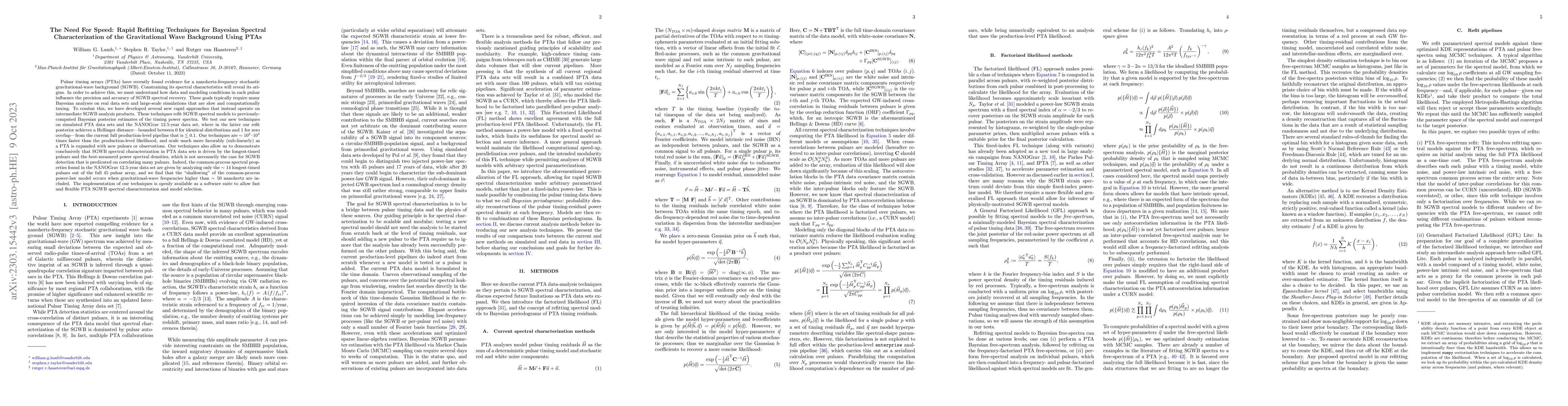 Thumbnail for The Need For Speed: Rapid Refitting Techniques for Bayesian Spectral
  Characterization of the Gravitational Wave Background Using PTAs