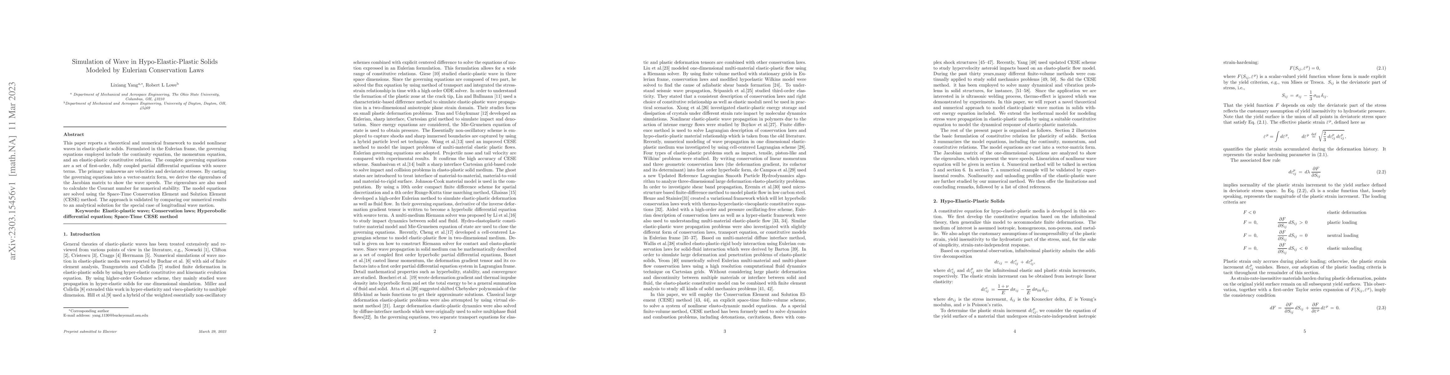 Thumbnail for Simulation of Wave in Hypo-Elastic-Plastic Solids Modeled by Eulerian
  Conservation Laws