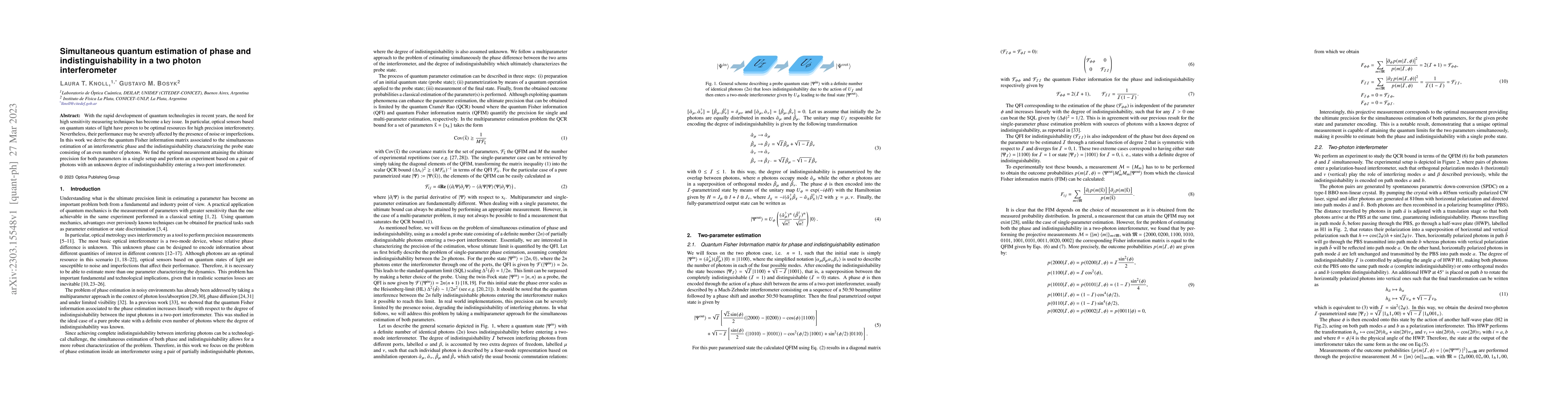 Thumbnail for Simultaneous quantum estimation of phase and indistinguishability in a
  two photon interferometer