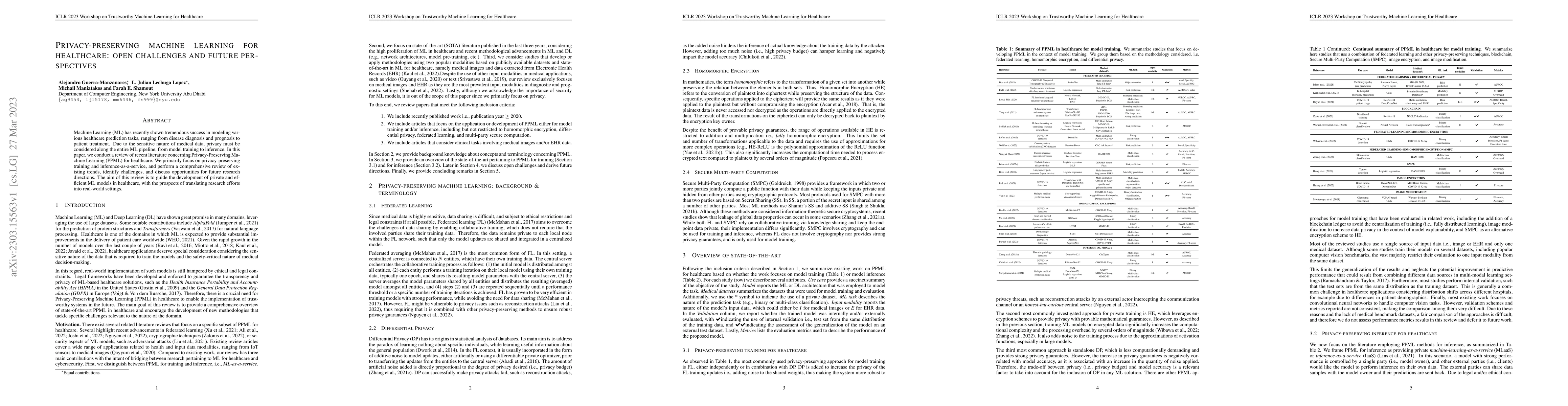 Thumbnail for Privacy-preserving machine learning for healthcare: open challenges and
  future perspectives
