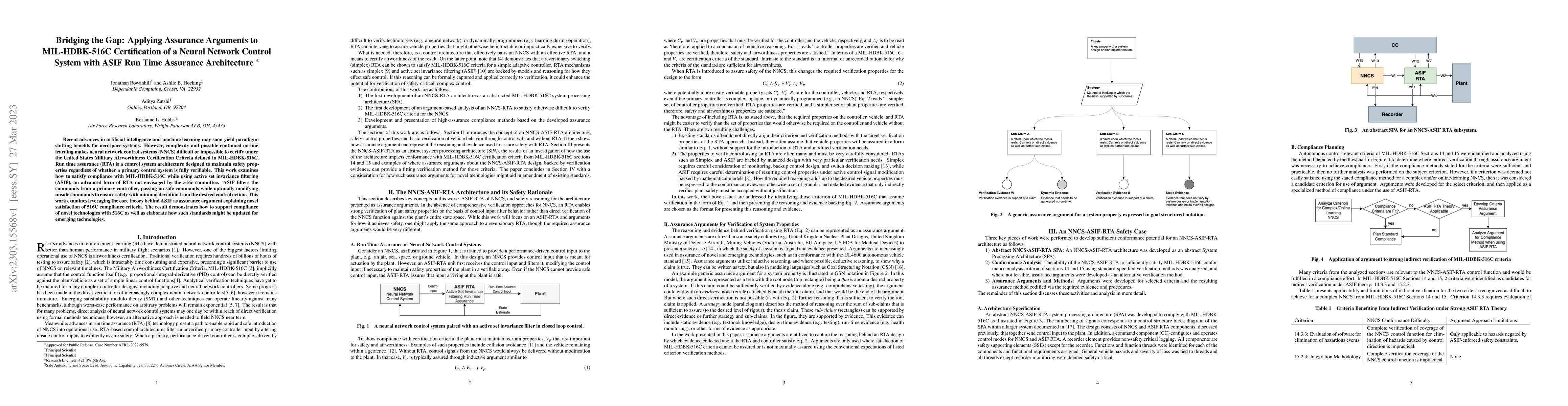 Thumbnail for Bridging the Gap: Applying Assurance Arguments to MIL-HDBK-516C
  Certification of a Neural Network Control System with ASIF Run Time Assurance
  Architecture