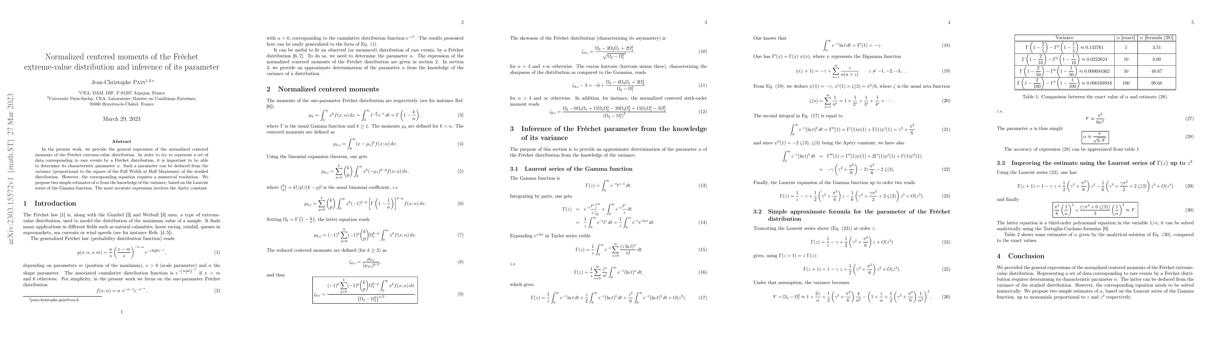 Thumbnail for Normalized centered moments of the Fr\'echet extreme-value distribution
  and inference of its parameter