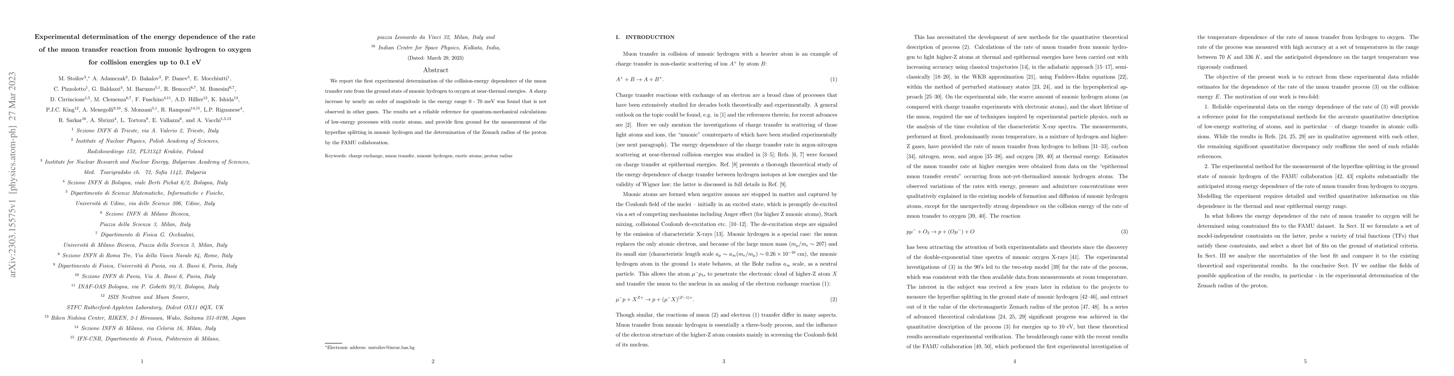 Thumbnail for Experimental determination of the energy dependence of the rate of the
  muon transfer reaction from muonic hydrogen to oxygen for collision energies
  up to 0.1 eV