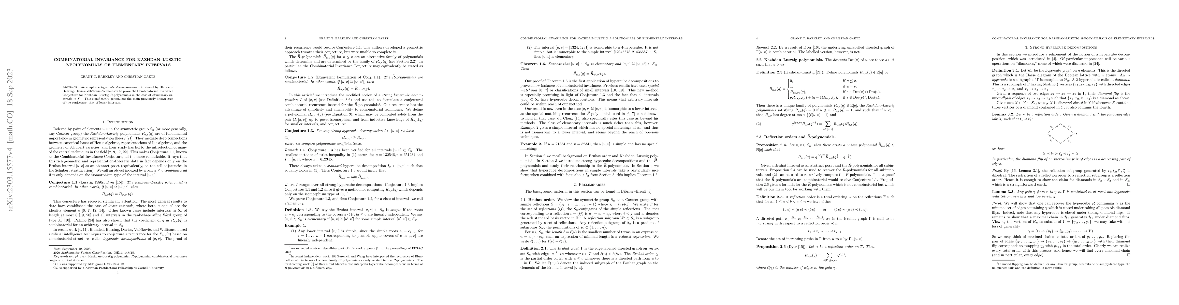 Thumbnail for Combinatorial invariance for Kazhdan-Lusztig $R$-polynomials of
  elementary intervals