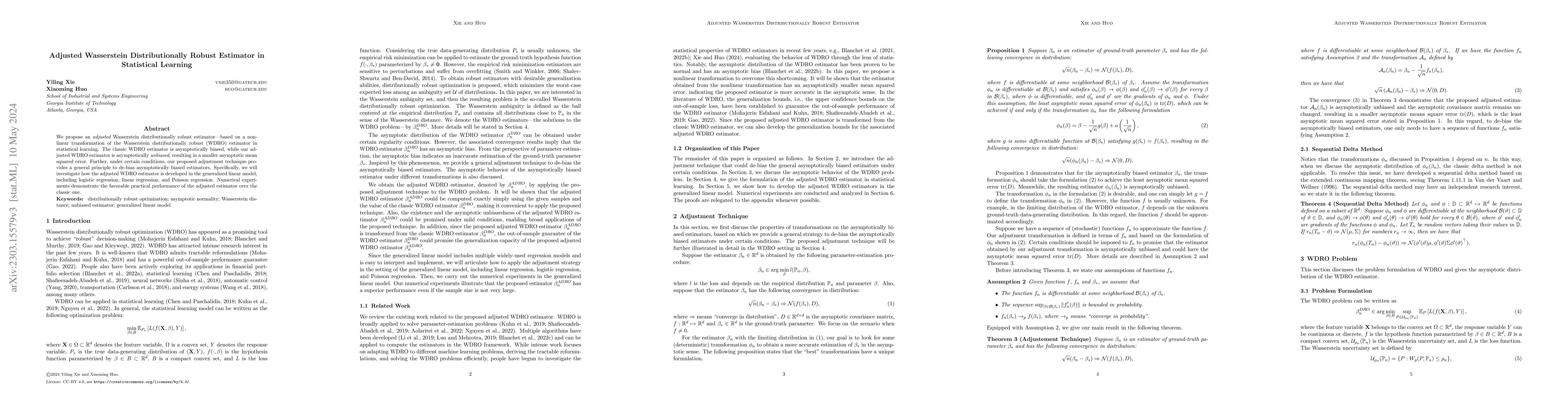 Thumbnail for Adjusted Wasserstein Distributionally Robust Estimator in Statistical
  Learning