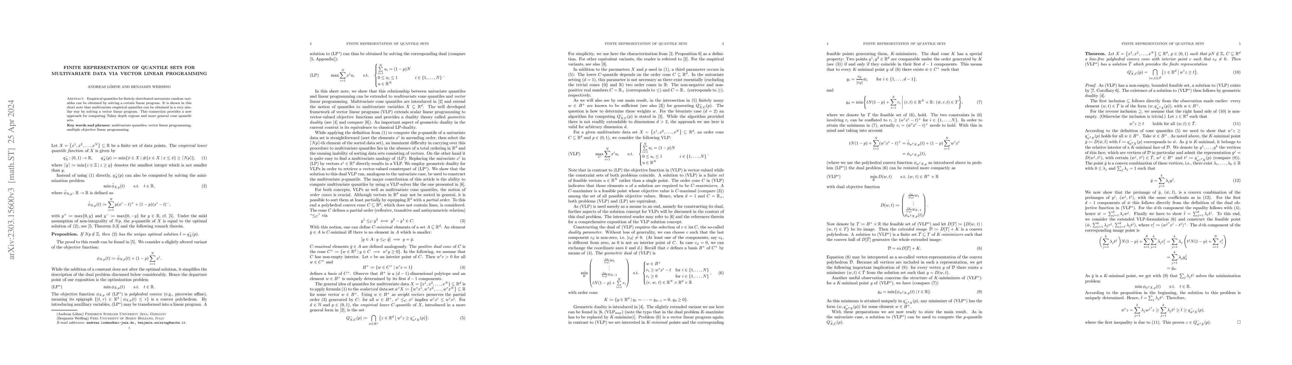 Thumbnail for Finite Representation of Quantile Sets for Multivariate Data via Vector
  Linear Programming