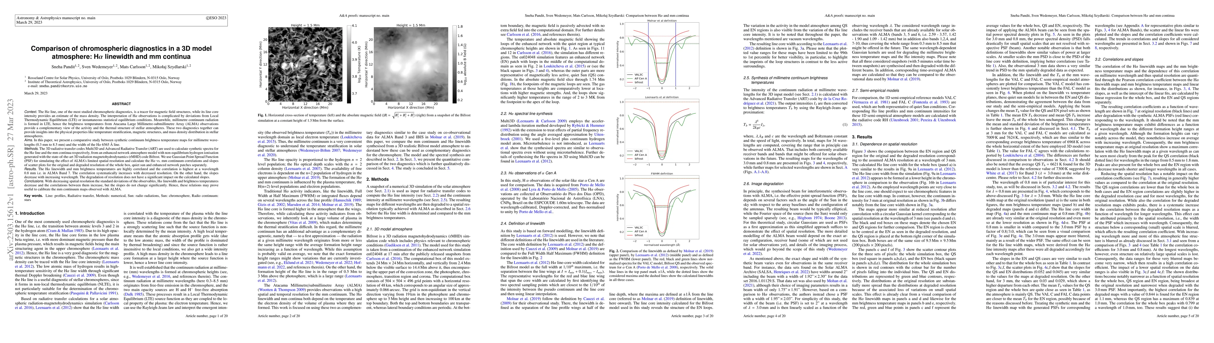 Thumbnail for Comparison of chromospheric diagnostics in a 3D model atmosphere:
  H$\alpha$ linewidth and mm continua